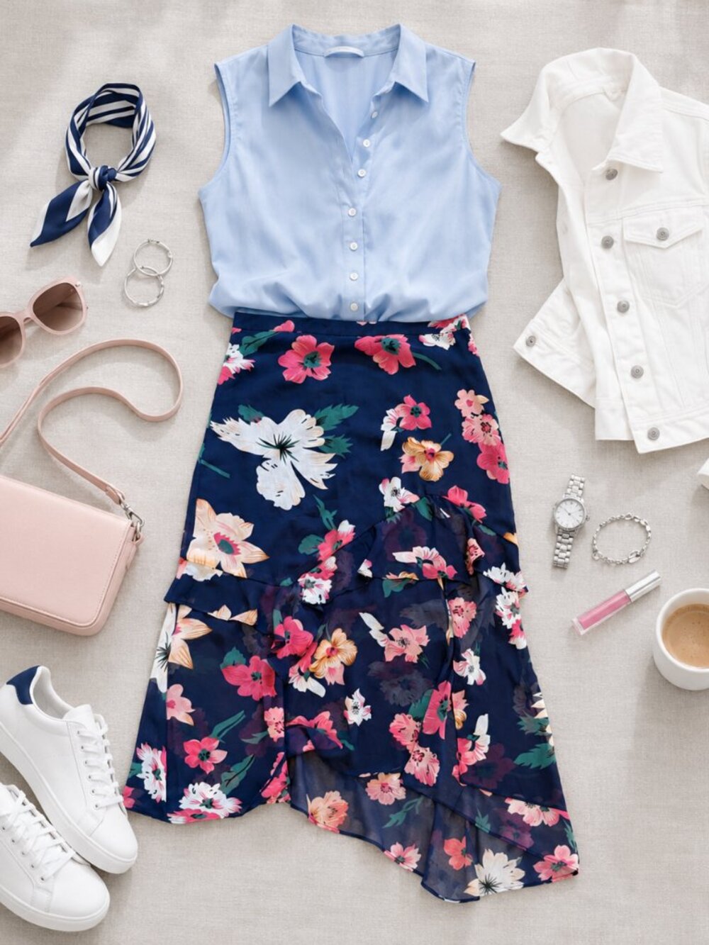 Mercer & Madison Floral Navy Ruffle Midi Skirt Front Slit Large